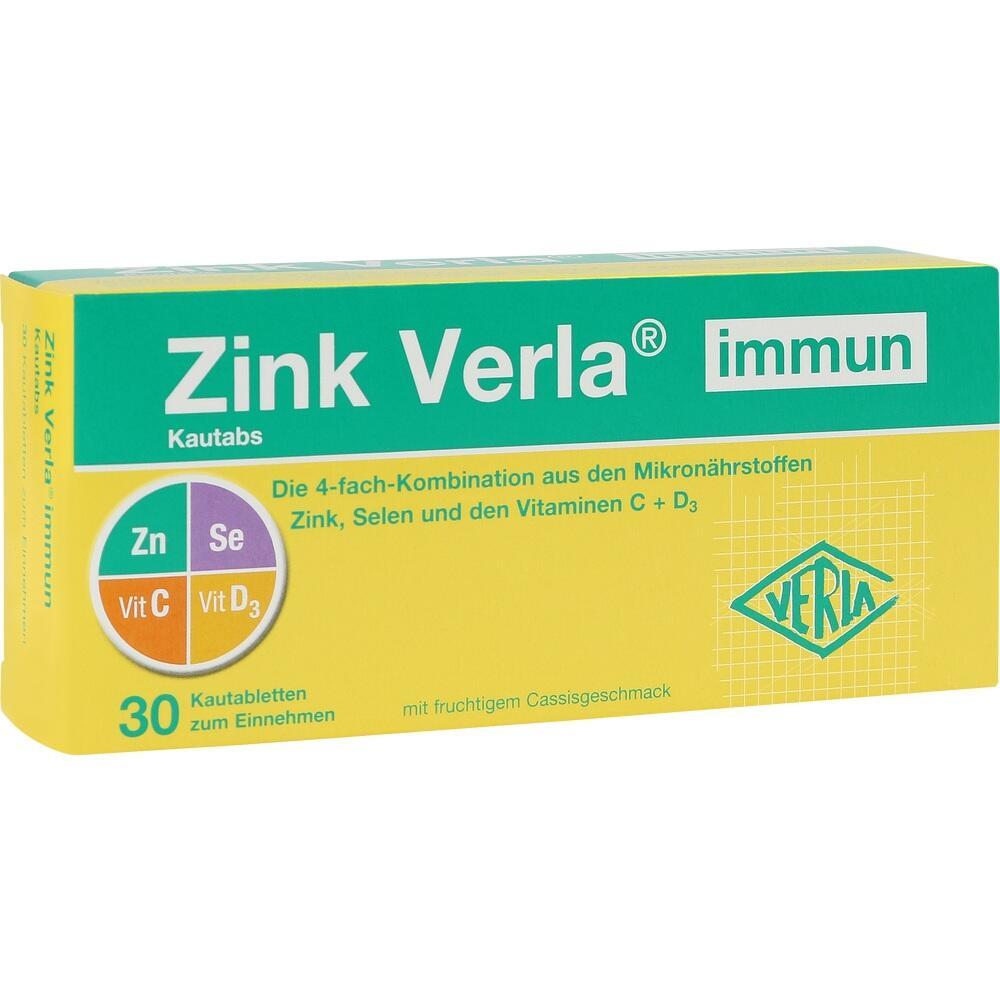 Gelbe Packung einer Nahrungsergänzung mit Zink, Selen, Vitamin C und D3.