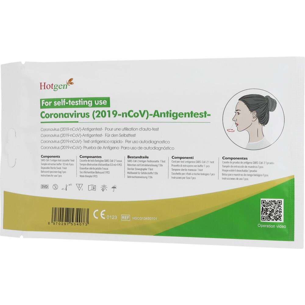 Verpackung eines Corona-Antigentests für den Selbsttest mit Diagramm zur Anwendung.