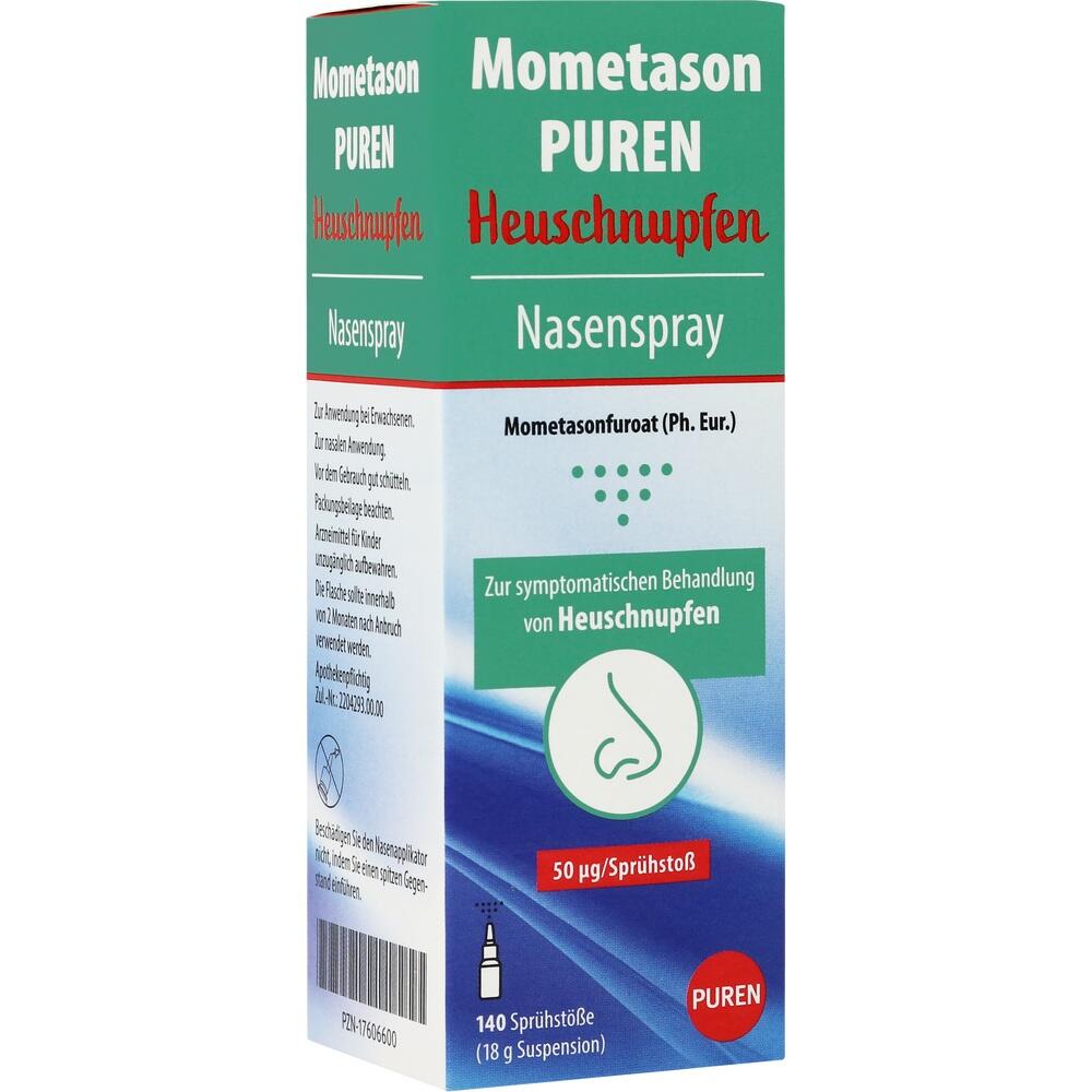 Verpackung eines Nasensprays zur Behandlung von Heuschnupfen.