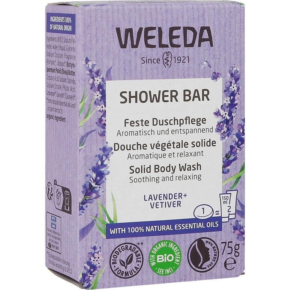 Lila Verpackung einer festen Duschpflege mit Lavendel und Vetiver von Weleda.