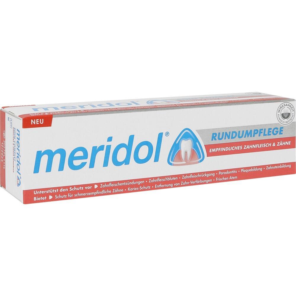 Eine Zahnpasta-Packung der Marke Meridol für empfindliches Zahnfleisch und Zähne.