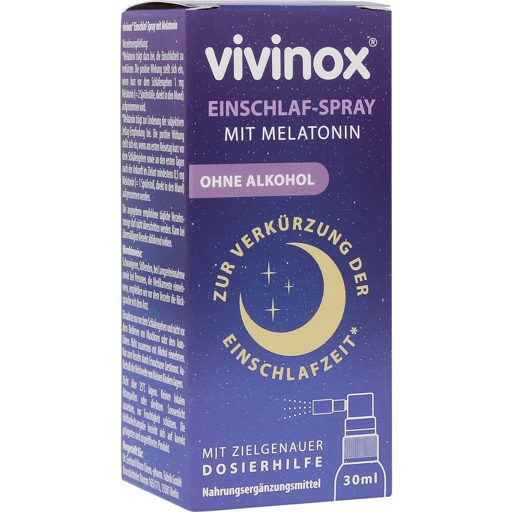 Lila Verpackung eines Einschlaf-Sprays mit Melatonin und ohne Alkohol.