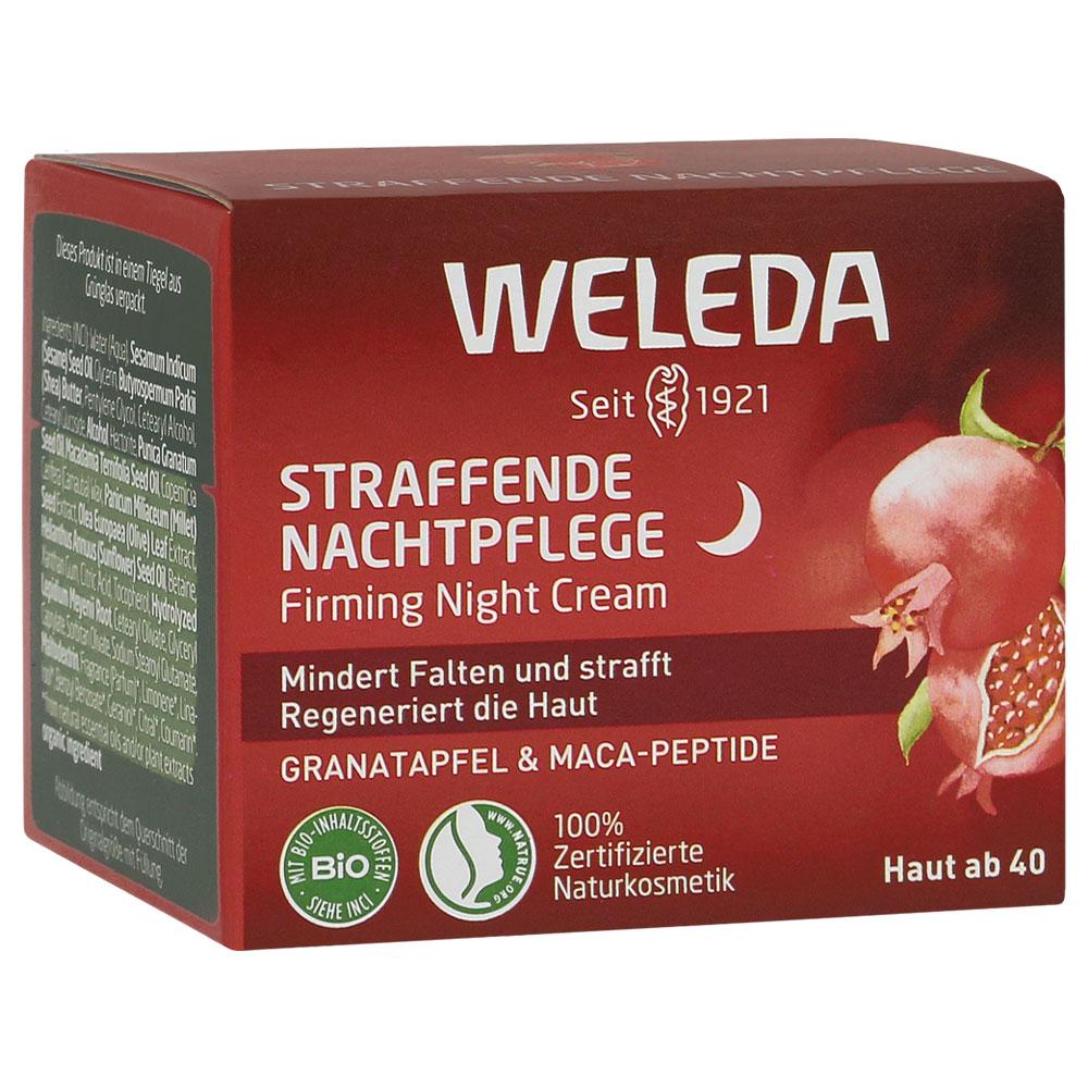 Rote Verpackung einer Weleda Nachtcreme mit Granatapfelmotiv.