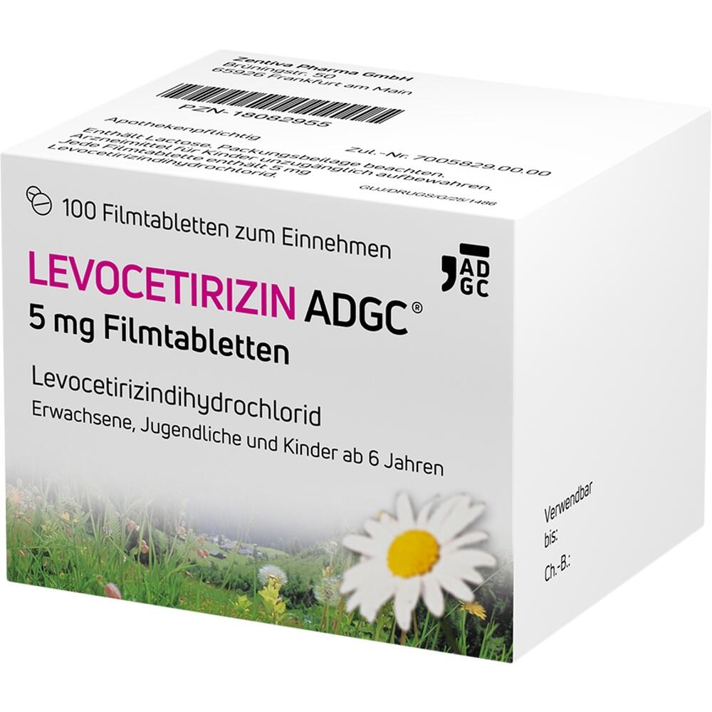 Wei&szlig;e Medikamentenverpackung Levocetirizin ADGC mit G&auml;nsebl&uuml;mchenbild.