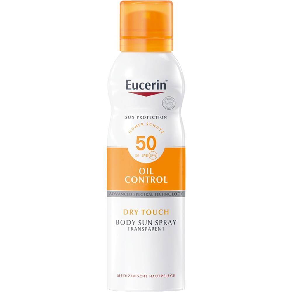 Sonnenschutzspray mit LSF 50 und &Ouml;l-Kontrolle in einer wei&szlig;en Flasche.
