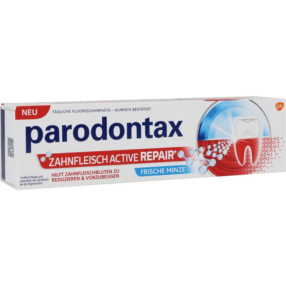 Eine Zahnpasta-Packung mit dem Namen Parodontax Zahnfleisch Active Repair, Frische Minze.