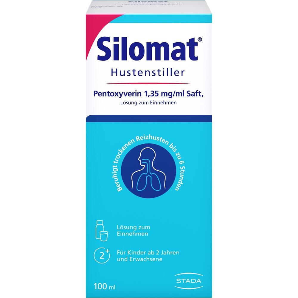 Eine Packung Silomat Hustenstiller f&uuml;r trockenen Husten bei Kindern ab 2 Jahren und Erwachsenen.