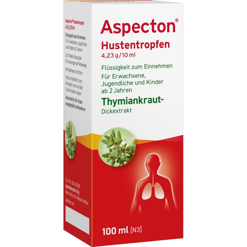 Rote und wei&szlig;e Schachtel mit Hustentropfen aus Thymian f&uuml;r Erwachsene und Kinder ab 2 Jahren.
