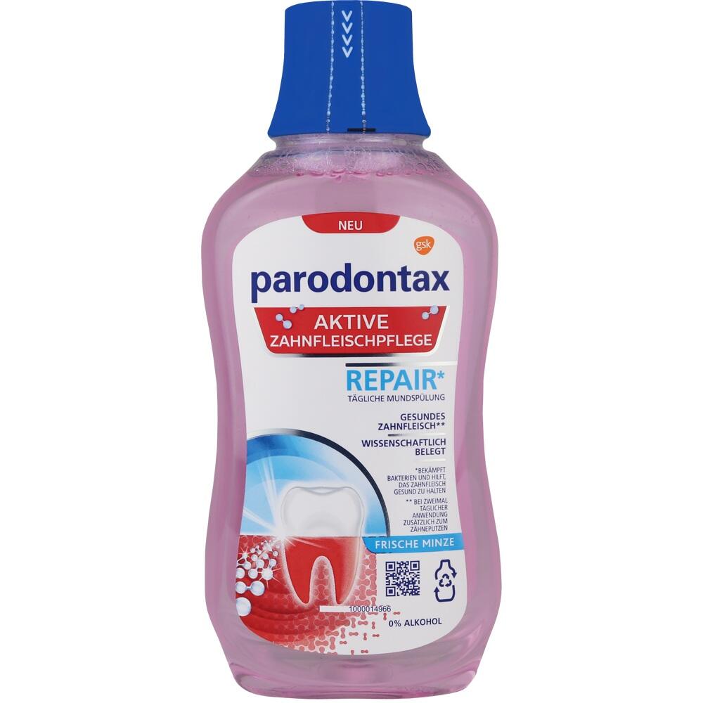 Flasche mit rosa Mundspülung für Zahnfleischpflege von Parodontax.