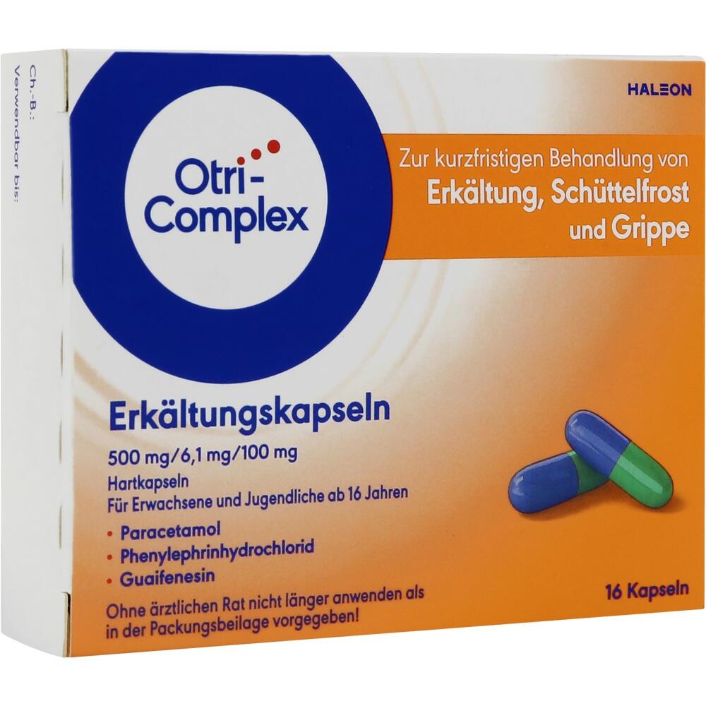 Orange Packung mit blauen und gr&uuml;nen Erk&auml;ltungskapseln, enth&auml;lt 16 St&uuml;ck.