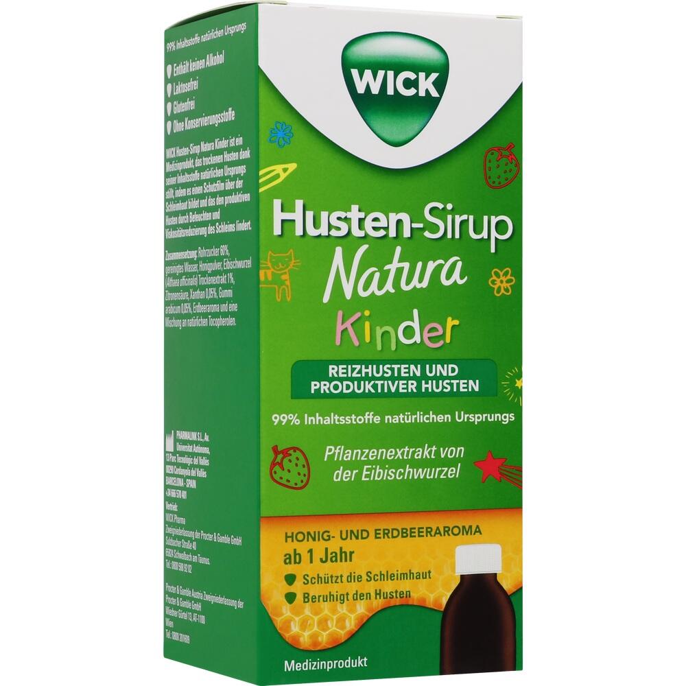 Grüne Packung eines Hustensirups für Kinder mit Pflanzenextrakten.