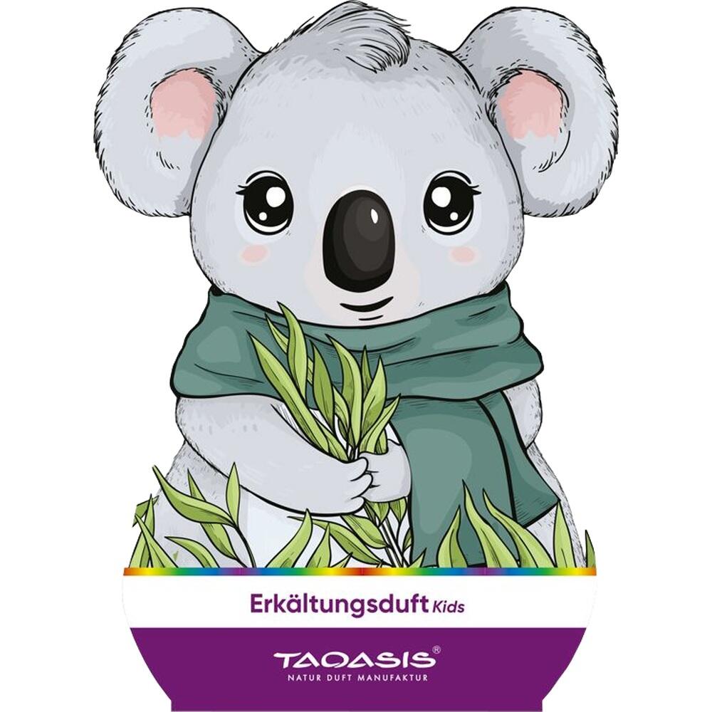 Ein s&uuml;&szlig;er Koala mit Schal h&auml;lt Eukalyptusbl&auml;tter.