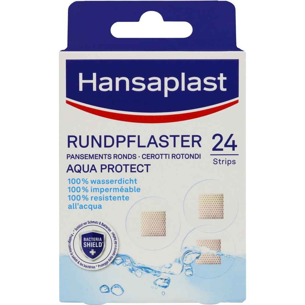 Eine Packung wasserfeste runde Pflaster von Hansaplast mit 24 Stück.