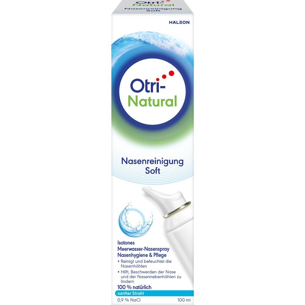 Verpackung eines Meerwasser-Nasensprays für sanfte Nasenreinigung und Pflege.